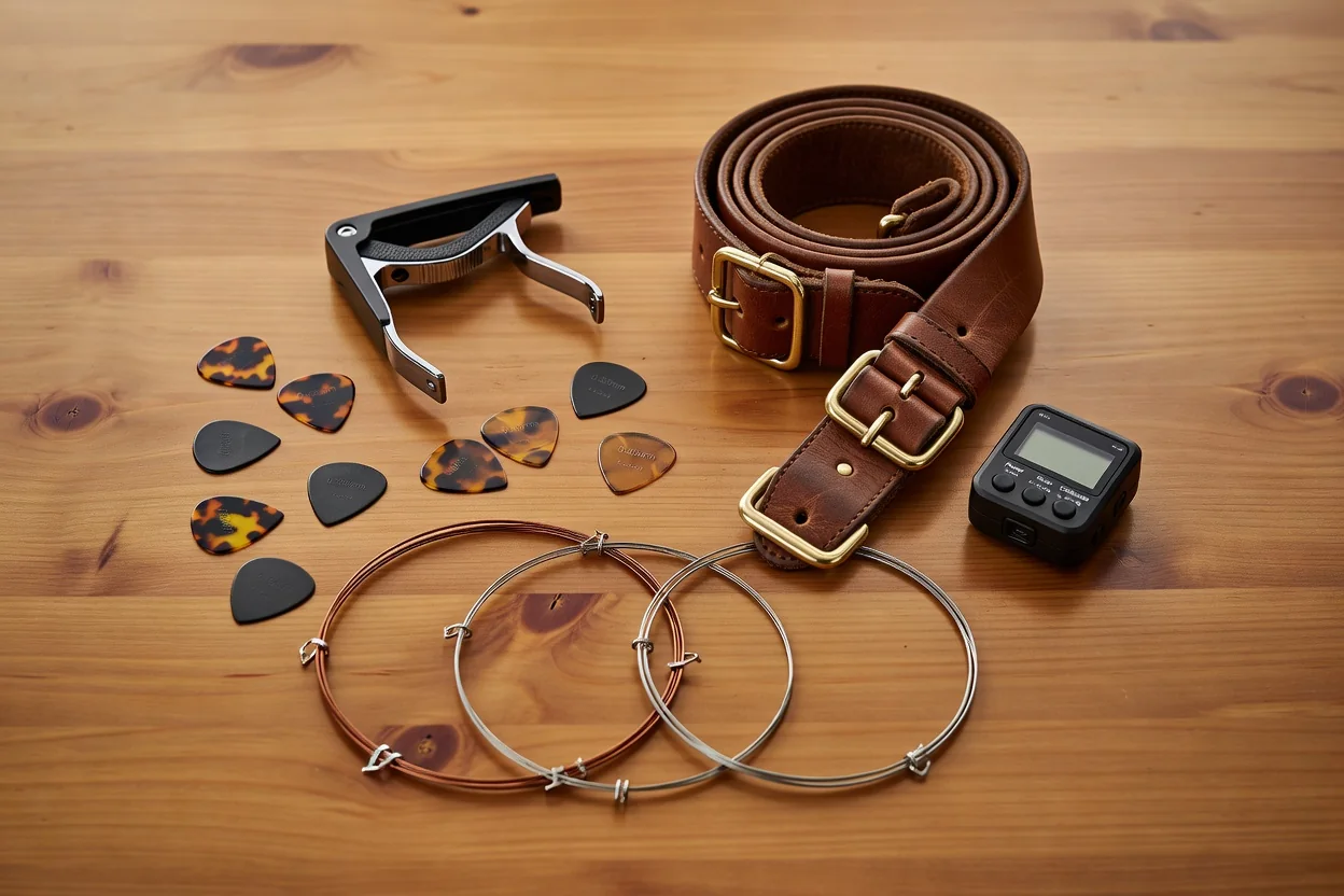 Gitar aksesuarları: kapo, pena, askı ve tuner